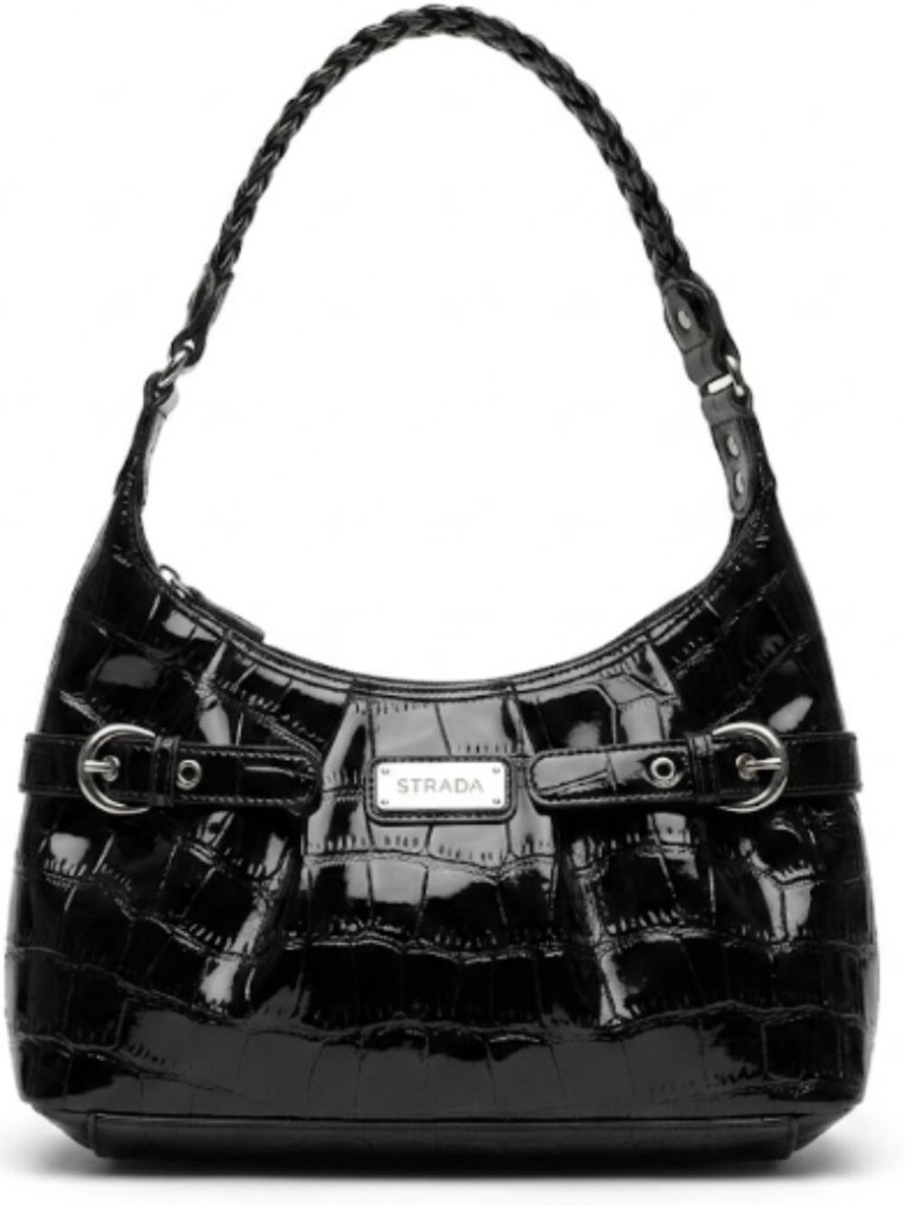 Strada Black Croc Embossed Shoulder Bag Patent Glossy Braided Strap Silver latch